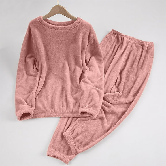 Oksale Pjs Sets for Women Cozy Fleece Loungewear 2 Piece Long Sleeve Tops Crewneck Sleepwear Solid Warm Winter Fashion Clothing Set Pink M