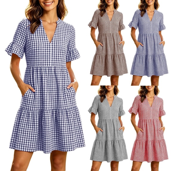 Oksale Plaid Dresss for Women Ruffle Short Sleeve Mini Dress with Pockets CLassic V Neck A Line Dresses Vacation Outfits 2026 Red S