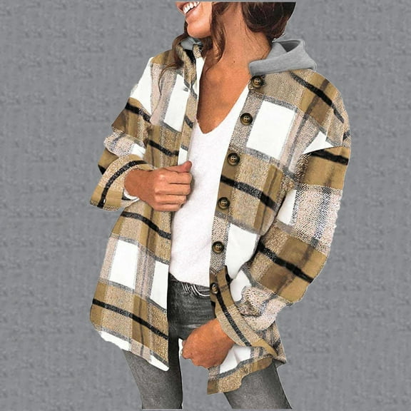 Oksale Plaid Faux Woolen Jackets for Women with Hood Casual Button Down Jacket Shacket Cozy Long Sleeve Shackets Soft Warm Coats 2025 Yellow M