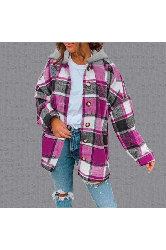 Plaid Fleece Jackets for Women 2025 Print Jacket Shacket with Hood Comfortable Long Sleeve Coats Button Down Coat Fuzzy Soft Shackets Pink S