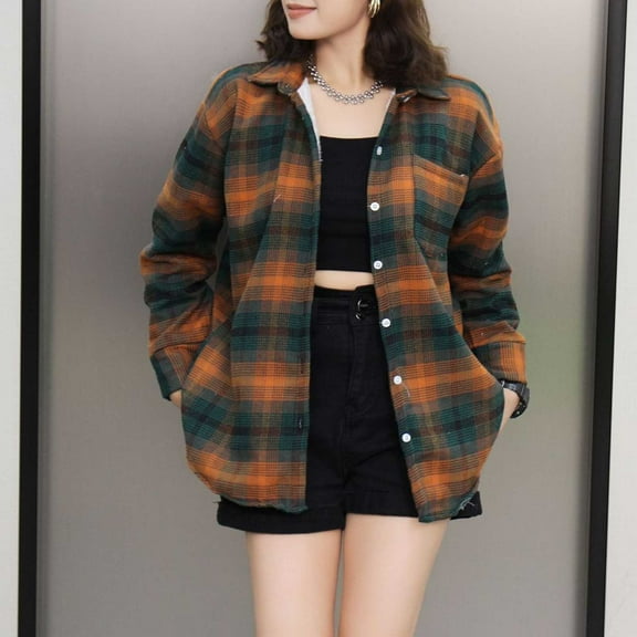 Oksale Plaid Fleece Shacket Jacket Women with Pocket Casual Button Down Lapel Outerwear Comfortable Long Sleeve Fall Jackets Soft Warm Winter Ladies Overcoats Brown M