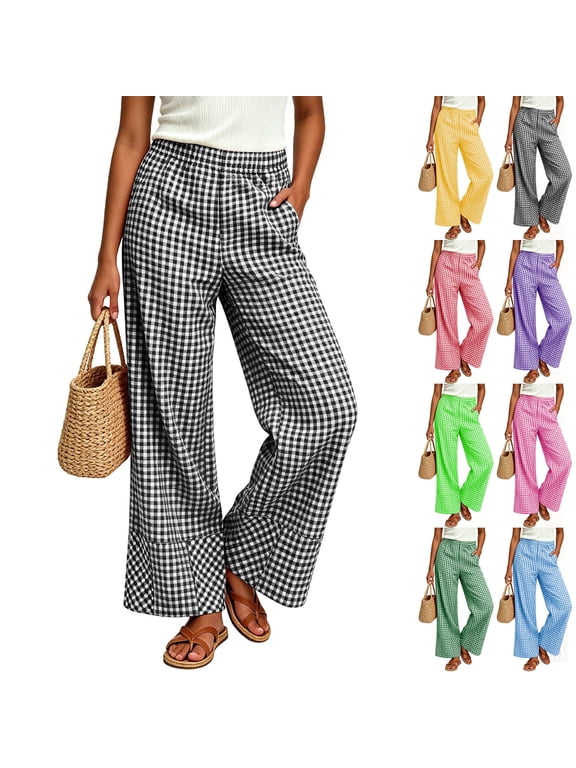 Plaid Pants for Women Petite Loose Wide Leg Pants with Pockets Casual Elastic Waist Gingham Pants 2026 Mint Green 3XL