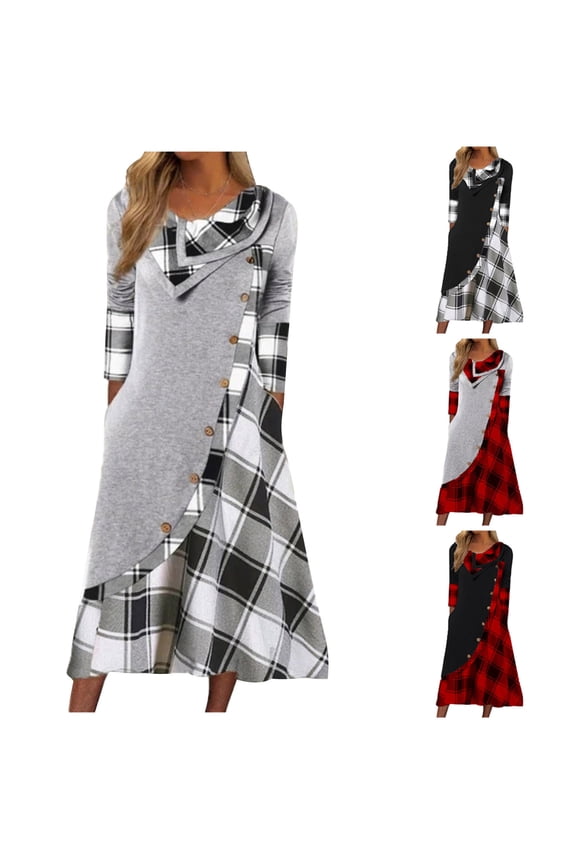 Plaid Patchwork Fall Dresses for Women 2025 with Pockets Maxi Dress Loose Long Sleeve Dresses Casual Crewneck Dress Flowy Soft Dresses White XL
