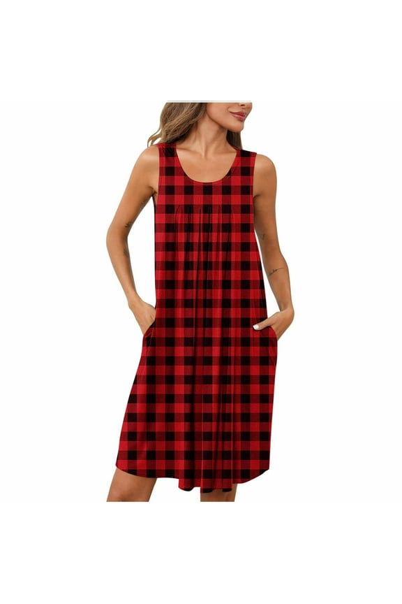 Plaid Print Pajama Dress for Women Trendy Pleated Midi Sleep Shirts Casual Round Neck Nightgowns Soft Sleeveless Night Gown for Home Red S