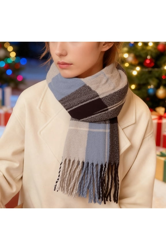 Plaid Scarf for Women with Tassel Fleece Winter Scarves Soft Cozy Feel Fashion Shawl and Wraps for Cold Weather Blue Free Size