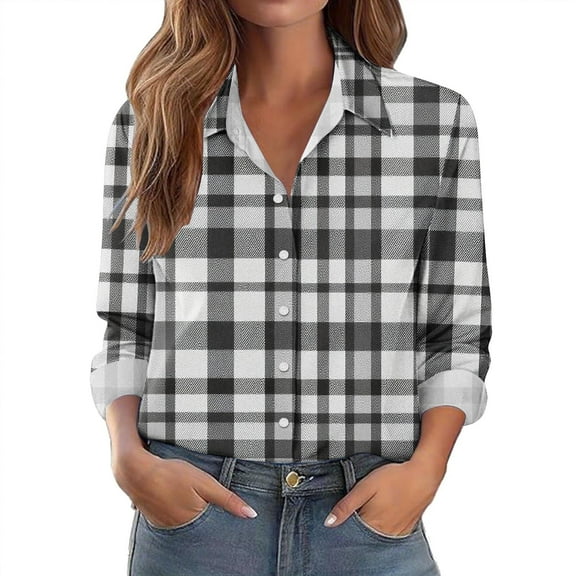 Oksale Plaid Shirt for Women Trendy Button Down Shirts Loose Long Sleeve Tee Blouses Lapel Collared Blouse Soft Cowboy Top Lightweight Cozy Fall Tops Black XL