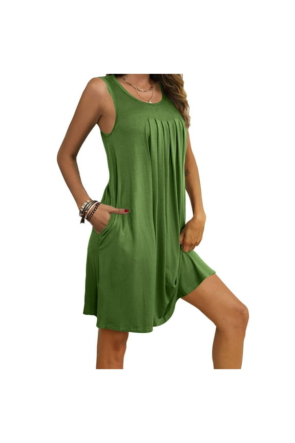 Pleated Front Nightgown for Women 2025 Sleeveless Short Night Gown Casual Crewneck Sleep Shirt with Pockets Solid Color Sleep Dress Soft Cozy Pajama Dress Green XXL