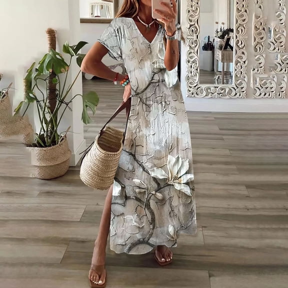 Oksale Plus Size Beach Dresses for Women Casual V Neck Floral Maxi Dress Loose Short Sleeve Spring Summer Dresses Trendy Side Split Boho Holiday Dress White XL