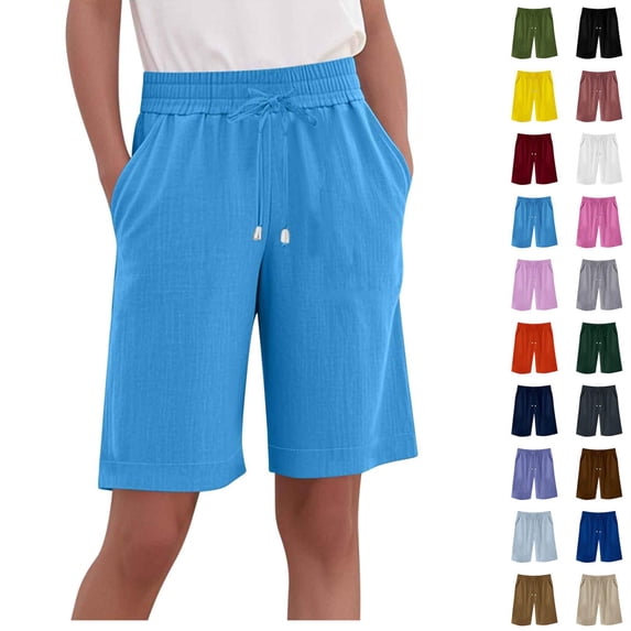 Oksale Plus Size Bermuda Shorts for Women Stretch Drawstring Wide Leg Pants with Pockets Casual Comfortable Linen Cotton Running Shorts 2026 Sky Blue M