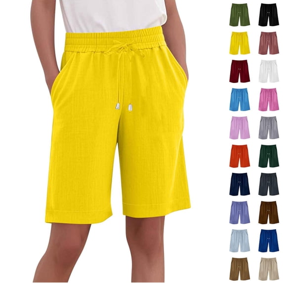 Oksale Plus Size Bermuda Shorts for Women Stretch Drawstring Wide Leg Pants with Pockets Casual Comfortable Linen Cotton Running Shorts 2026 Yellow XXXL