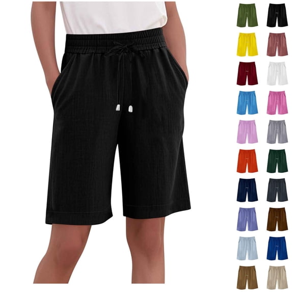 Oksale Plus Size Bermuda Shorts for Women Stretch Drawstring Wide Leg Pants with Pockets Casual Comfortable Linen Cotton Running Shorts 2026 Black S