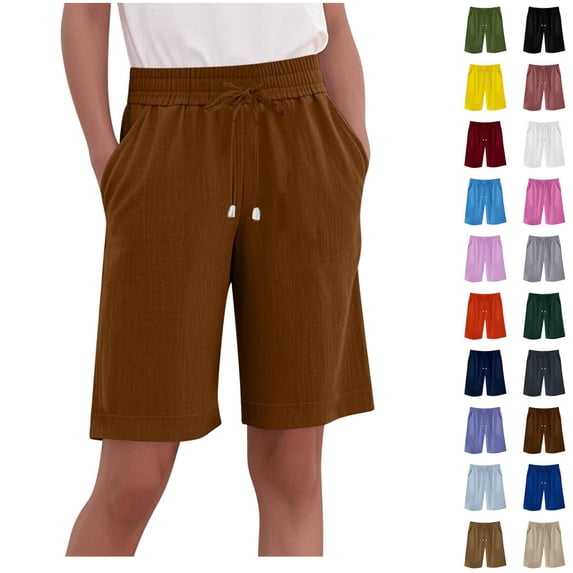 Oksale Plus Size Bermuda Shorts for Women Stretch Drawstring Wide Leg Pants with Pockets Casual Comfortable Linen Cotton Running Shorts 2026 Coffee S