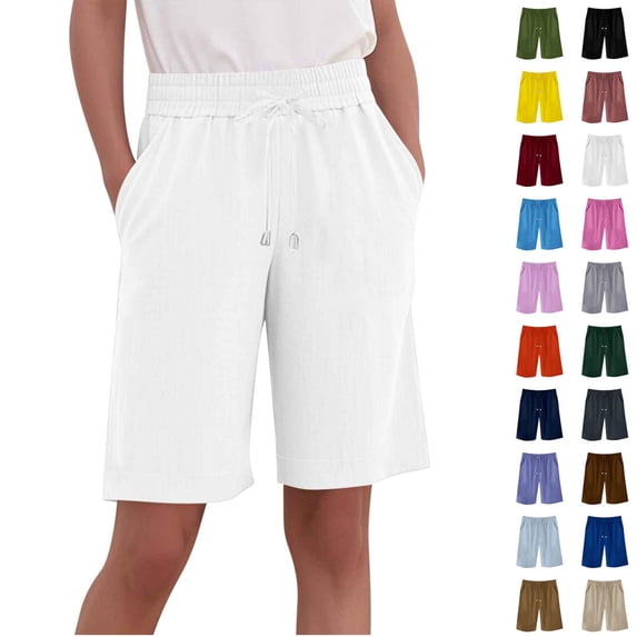 Oksale Plus Size Bermuda Shorts for Women Stretch Drawstring Wide Leg Pants with Pockets Casual Comfortable Linen Cotton Running Shorts 2026 White XL