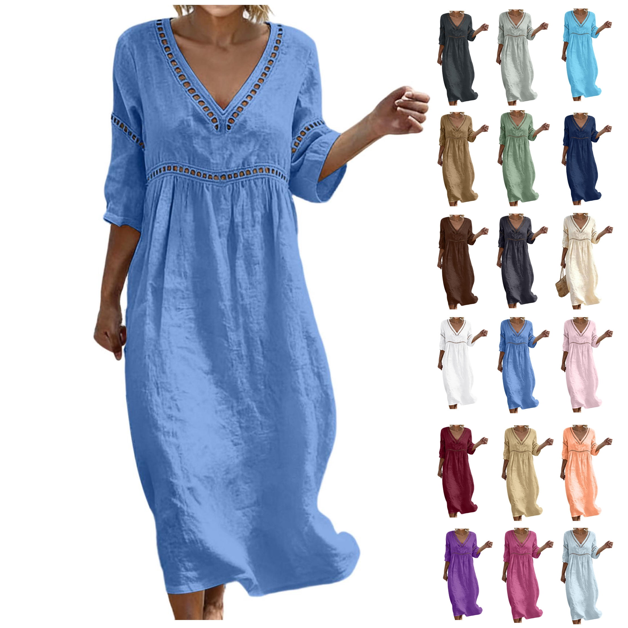 Oksale Plus Size Boho Dresses for Women Casual Deep V Neck Midi Dresses Loose 3/4 Sleeve Linen Summer Dress Vacation Oufits Blue 3XL