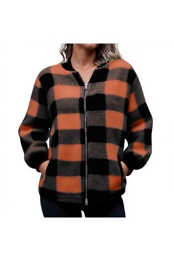 Plus Size Check Jacket for Women Fuzzy Fleece Shacket Jackets Casual Full Zip Long Sleeve Overcoats with Pockets Soft Comfortable Warm Winter Going Out Outerwear 2025 Orange XXXL
