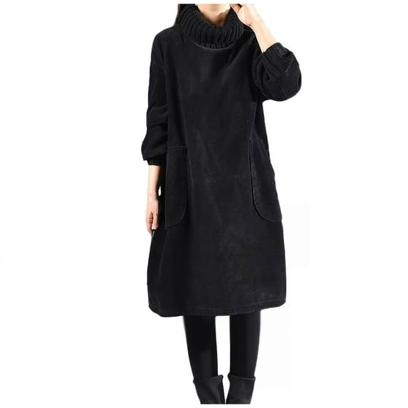 Oksale Plus Size Corduroy Dresses for Women Trendy Thick Tutleneck Dress with Pockets Loose Long Sleeve Midi Dress Soft Warm Winter Dress Black XL