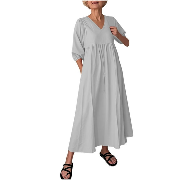 Oksale Plus Size Cotton Linen Dress for Women Casual V Neck Maxi Dress Loose 3/4 Sleeve Dresses Flowy Solid Color Dress Cozy Soft Fall Dresses Gray XL