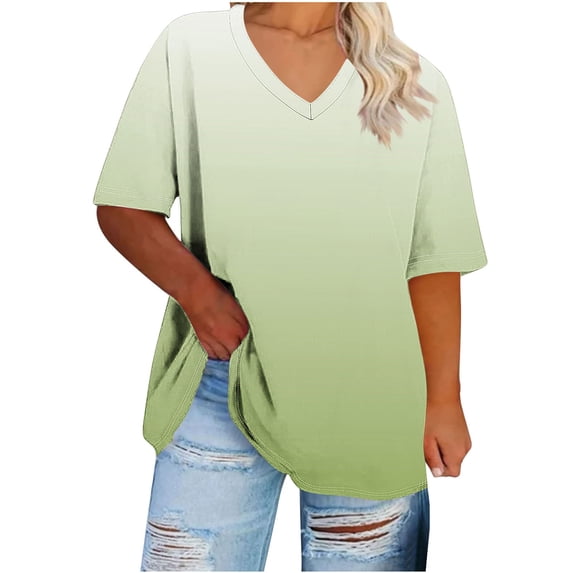 Oksale Plus Size Cotton Tshirts for Women Trendy Gradient Spring Summer Tops Loose Cozy Short Sleeve Fashion Clothing Oversized Tees Army Green XL