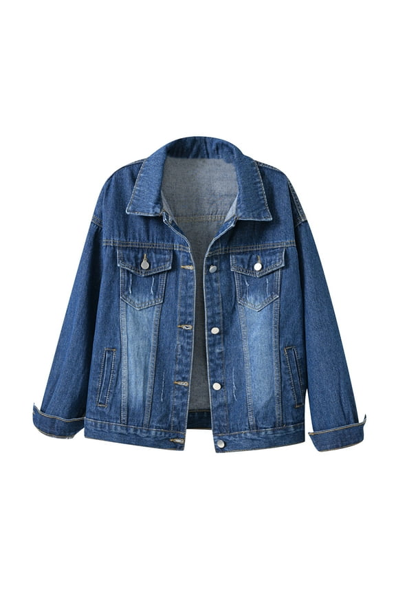 Plus Size Denim Jacket for Women Trendy Cropped Trucker Jacket Long Sleeve Jean Jackets Button Down Bomber Jacket Slim Fit Streetwear Jacket Coat Navy M