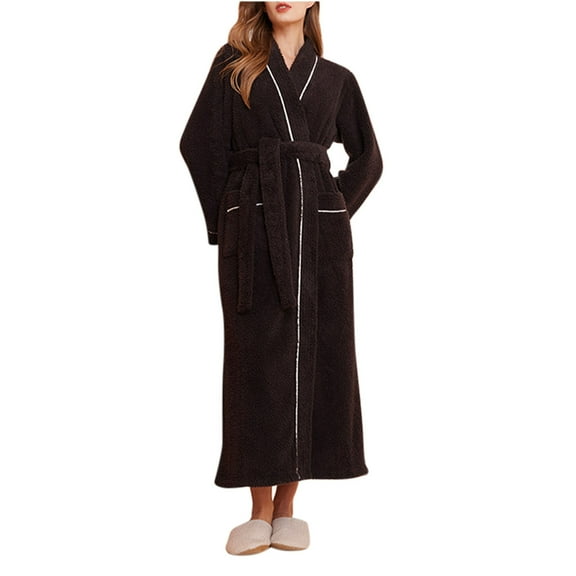 Oksale Plus Size Flannel Robe for Women with Belt Maxi Bath Robes with Pockets Cozy Long Sleeve Night Robe Heavyweight Soft Loungewear Black XL