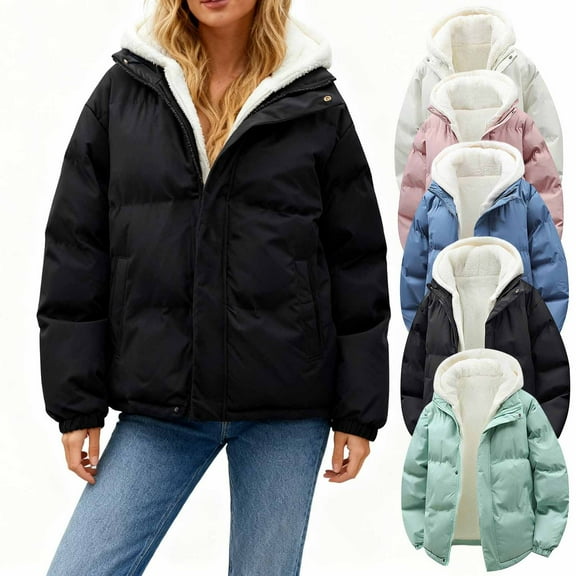 Oksale Plus Size Fleece Lined Jackets for Women with Hood 2025 Quilted Puffer Coats Casual Zip Up Long Sleeve Winter Outerwear Heavyweight Outfits for Cold Weather Green M