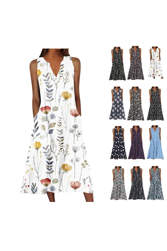 Plus Size Floral Print Night Gowns for Women with Pockets Sleeveless Night Gown Casual V Neck Long Sleep Dress Elegant Soft Loungewear for Home Multicolor L