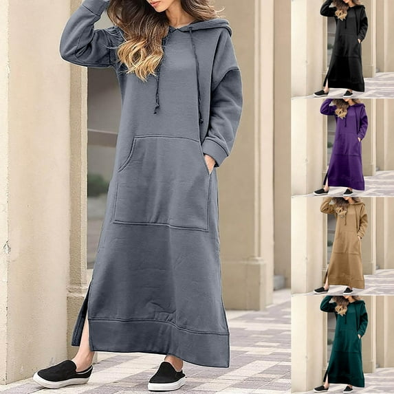 Oksale Plus Size Full Length Hoodies Dresses for Women Trendy Side Splitted Sweatshirt Dress with Pockets Loose Long Sleeve Dresses Drawstring Solid Color Dress for Outside Khaki M