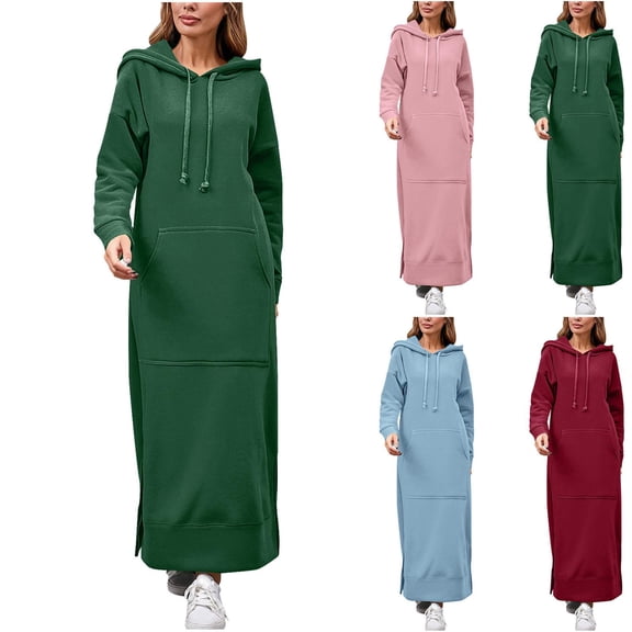 Oksale Plus Size Hoodies for Women Long Sleeve Sweatshirt Dress with Pockets Trendy Split Side Maxi Dresses Casual Cozy Outfits Green 3XL