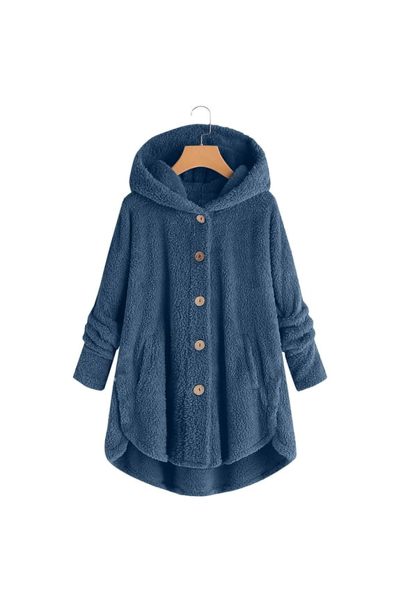 Plus Size Jackets for Women Fuzzy Fleece Jacket Hoodie Casual Button Down Coat Trendy Curved Hem Coats Soft Comfy Fashion Tops 2025 Blue S