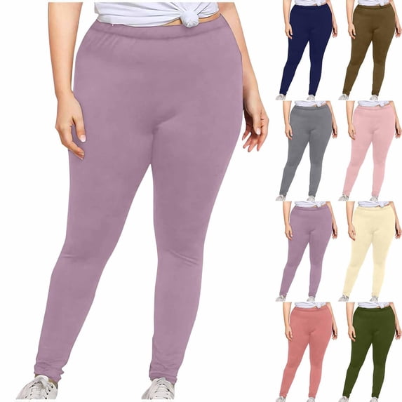 Oksale Plus Size Leggings for Women Tummy Control Elastic Waisted Yoga Pants Thin Lightweight Stretchy Jeggings Solid Color Trousers Purple XL