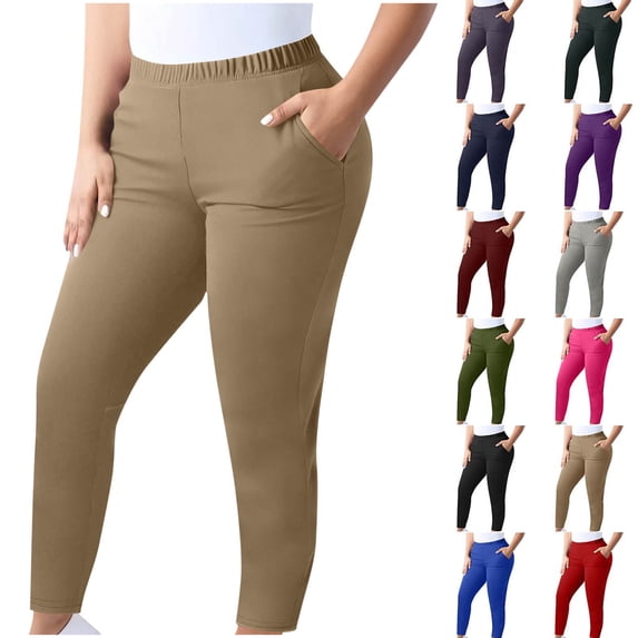 Oksale Plus Size Leggings for Women with Pockets Stretchy Waisted Opaque Jeggings Slim Cozy Tummy Control Gym Tights Khaki 4XL