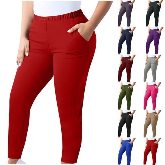 Oksale Plus Size Leggings for Women with Pockets Stretchy Waisted Opaque Jeggings Slim Cozy Tummy Control Gym Tights Red 5XL