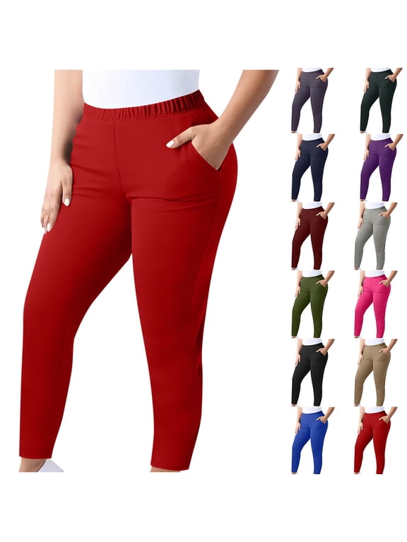 Plus Size Leggings for Women with Pockets Stretchy Waisted Opaque Jeggings Slim Cozy Tummy Control Gym Tights Red 5XL