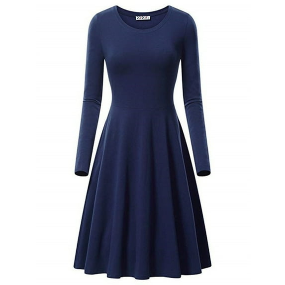 Oksale Plus Size A Line Dress for Women Flowy Midi Dresses Long Sleeve Cotton Dress Casual Crewneck Dresses Elegant Cozy Dress for Holiday Party 2025 Dark Blue XXL