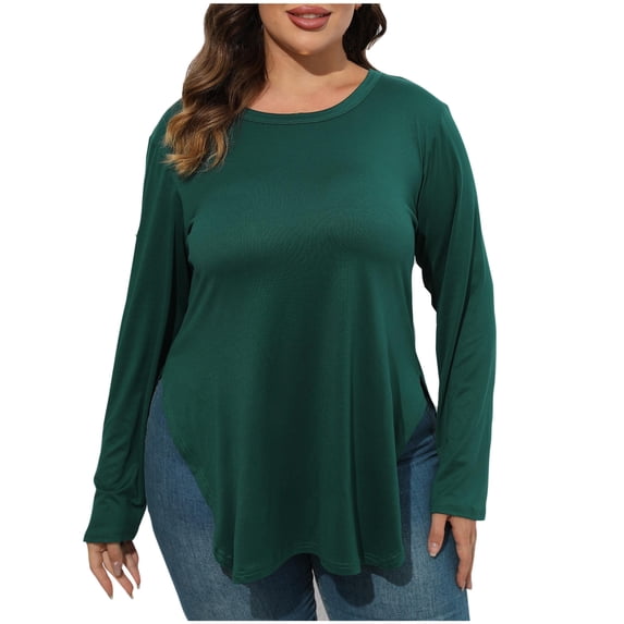 Oksale Plus Size Long Sleeve Shirts for Women Casual Round Neck Fall Tops Curved Hem Side Slit Oversized Tshirts Thin Basic Tees Green 3XL