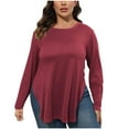 thumbnail image 1 of Oksale Plus Size Long Sleeve Shirts for Women Casual Round Neck Fall Tops Curved Hem Side Slit Oversized Tshirts Thin Basic Tees Red 4XL, 1 of 7