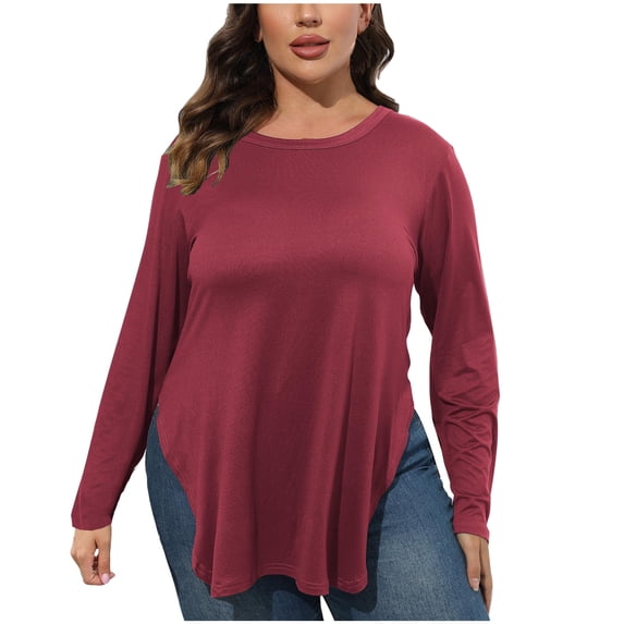 Oksale Plus Size Long Sleeve Shirts for Women Casual Round Neck Fall Tops Curved Hem Side Slit Oversized Tshirts Thin Basic Tees Red 4XL