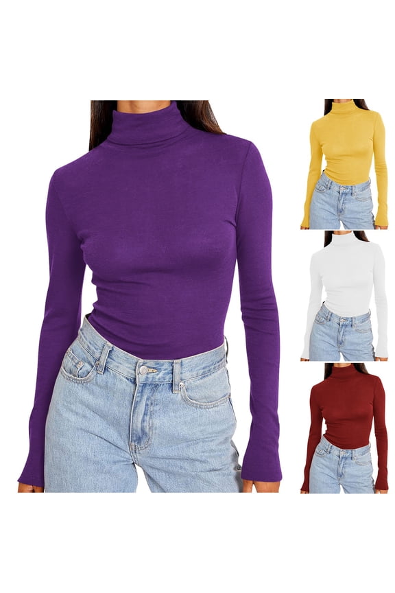 Plus Size Long Sleeve Shirts for Women Turtleneck Going Out Tops Soft Comfortable Cotton Fashion Clothing Purple 2XL