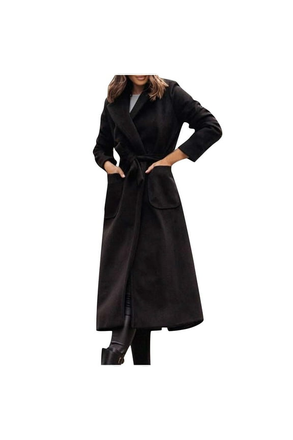 Plus Size Long Trench Coat for Women with Pockets Open Front Belted Pea Coat Casual Lapel Slim Jackets Going Out Windbreaker Black XXXL