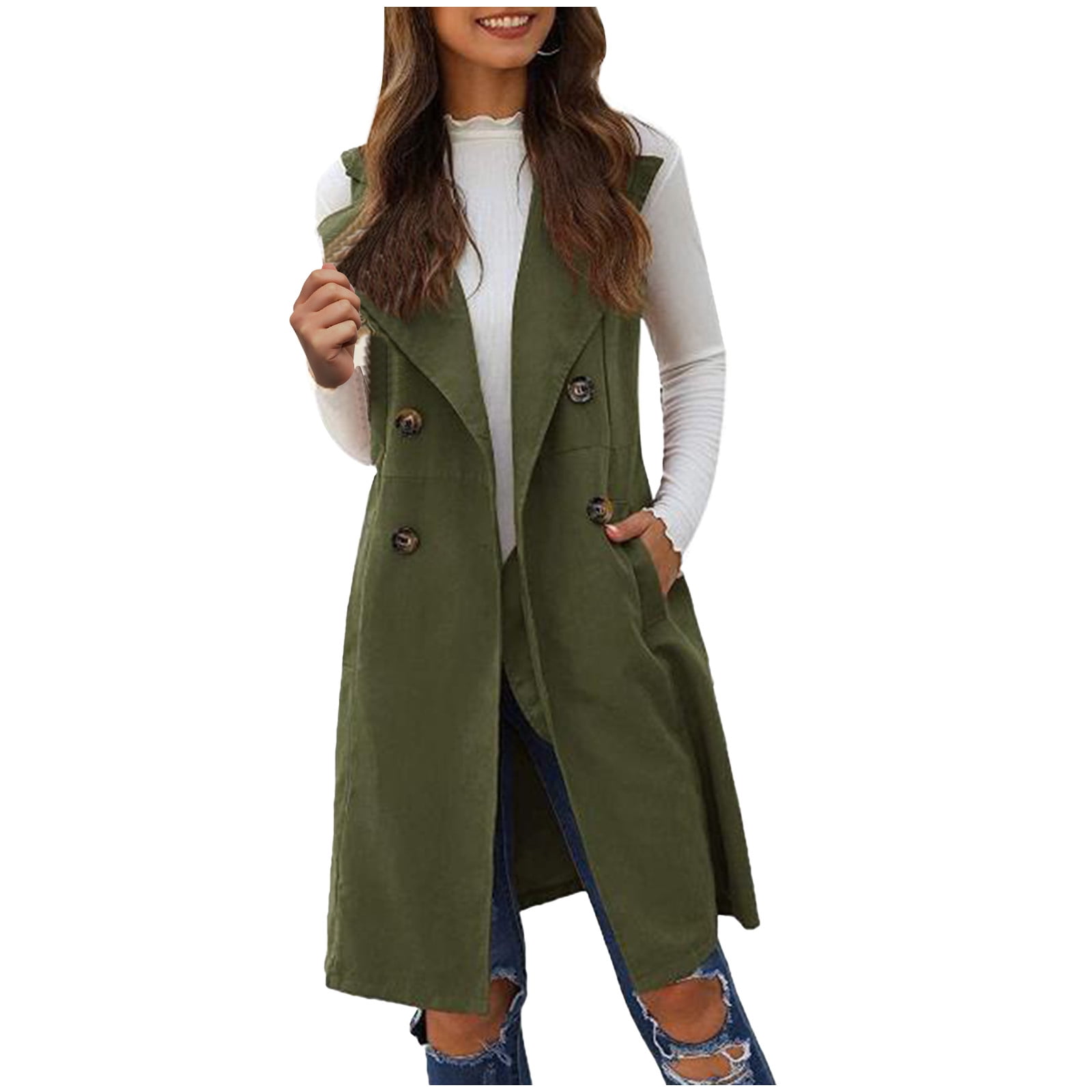 Oksale Plus Size Long Vest for Women Vintage Sleeveless Cardigan Vest with Pockets Trendy Fall Outfits Business Tank Coats Cowgirls Jackets 2025 Army Green XXL