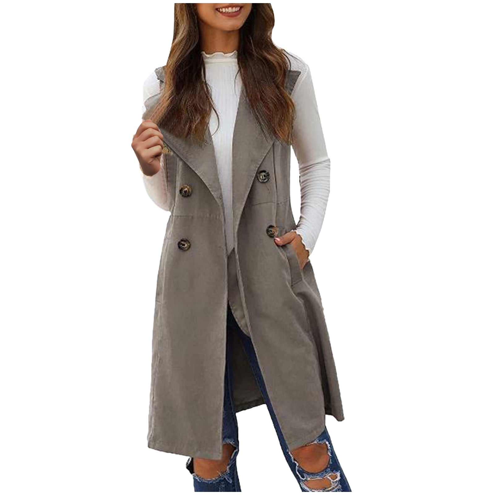 Oksale Plus Size Long Vest for Women Vintage Sleeveless Cardigan Vest with Pockets Trendy Fall Outfits Business Tank Coats Cowgirls Jackets 2025 Gray L