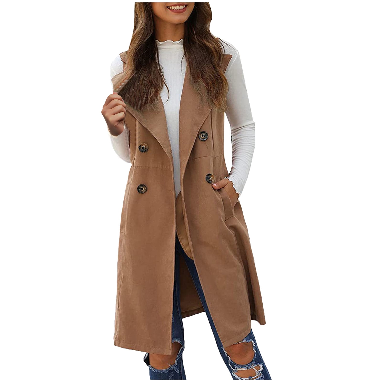 Oksale Plus Size Long Vest for Women Vintage Sleeveless Cardigan Vest with Pockets Trendy Fall Outfits Business Tank Coats Cowgirls Jackets 2025 Khaki XXXL