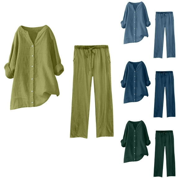 Oksale Plus Size Matching Sets Women Clothing Linen Cotton Long Sleeve Travel Outfits Button V Neck Summer Outfits Elastic Drawstring Wide Leg Pants with Pockets Army Green L