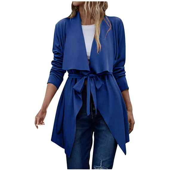 Oksale Plus Size Midi Trench Coat for Women with Belt Draped Cardigan Open Front Outerwear Fall Fashion Coats 2025 Blue XXXL