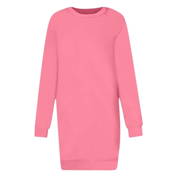 Oksale Plus Size Mini Dress for Women Loose Long Sleeve Sweatshirt Dresses Casual Crew Neck Dress Solid Color Sweatshirts Soft Cozy Dress Hot Pink M