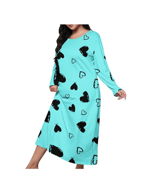 Nightgowns for Women Plus Size Cute Hearts Print Full Length Pajama Dress Loose Long Sleeve Loungewear Casual Round Neck Sleepwear Cozy Fall Nightshirts Mint Green XXXL
