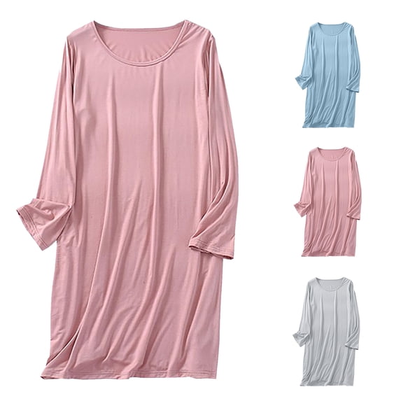 Oksale Plus Size Night Gown for Women Lightweight Long Sleeve Nightgown Mid Length Sleep Dress Casual Round Neck Sleep Shirt Loose Fit Solid Color Pajama Dress Pink M