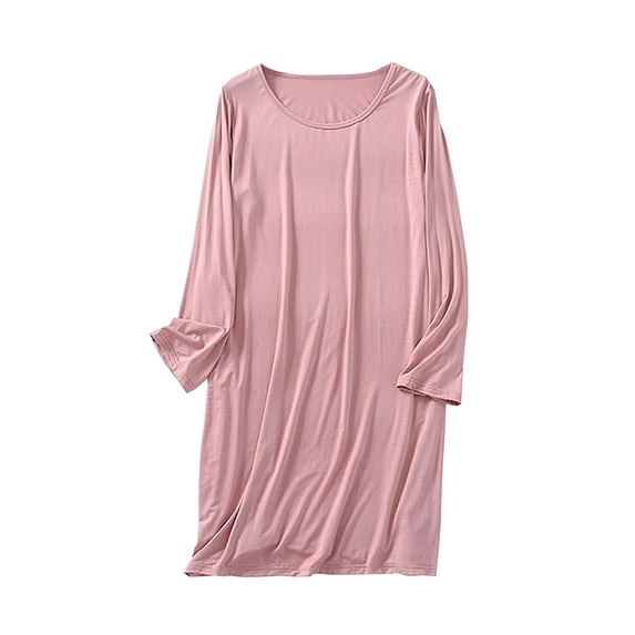 Oksale Plus Size Night Gown for Women Lightweight Long Sleeve Nightgown Mid Length Sleep Dress Casual Round Neck Sleep Shirt Loose Fit Solid Color Pajama Dress Pink M