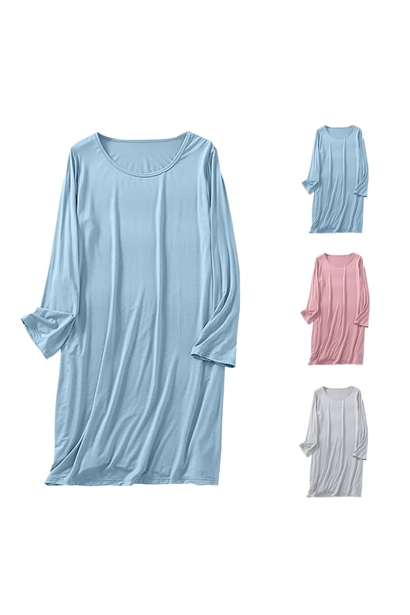 Plus Size Night Gown for Women Lightweight Long Sleeve Nightgown Mid Length Sleep Dress Casual Round Neck Sleep Shirt Loose Fit Solid Color Pajama Dress Blue XXXXL