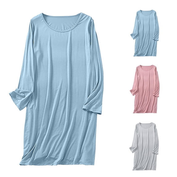 Oksale Plus Size Night Gown for Women Lightweight Long Sleeve Nightgown Mid Length Sleep Dress Casual Round Neck Sleep Shirt Loose Fit Solid Color Pajama Dress Blue XXL